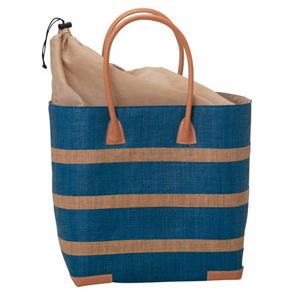 Raffia Turquoise Beach Stripe Tote with Leather Handle Raffia Tote - rockflowerpaper