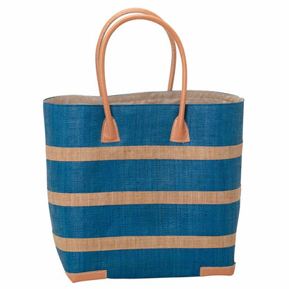Raffia Turquoise Beach Stripe Tote with Leather Handle Raffia Tote - rockflowerpaper