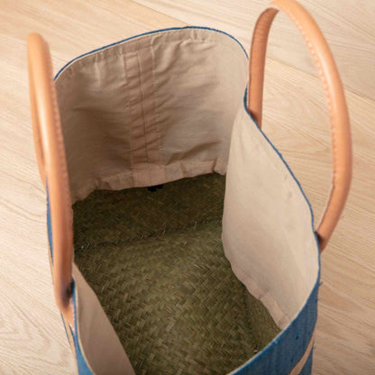 Raffia Turquoise Beach Stripe Tote with Leather Handle Raffia Tote - rockflowerpaper