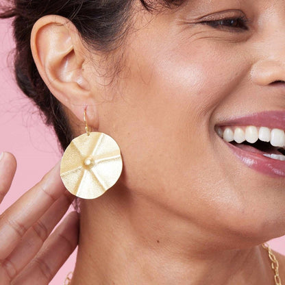 Round Disc 18K Gold Plated Textured Drop Earrings Earring - rockflowerpaper