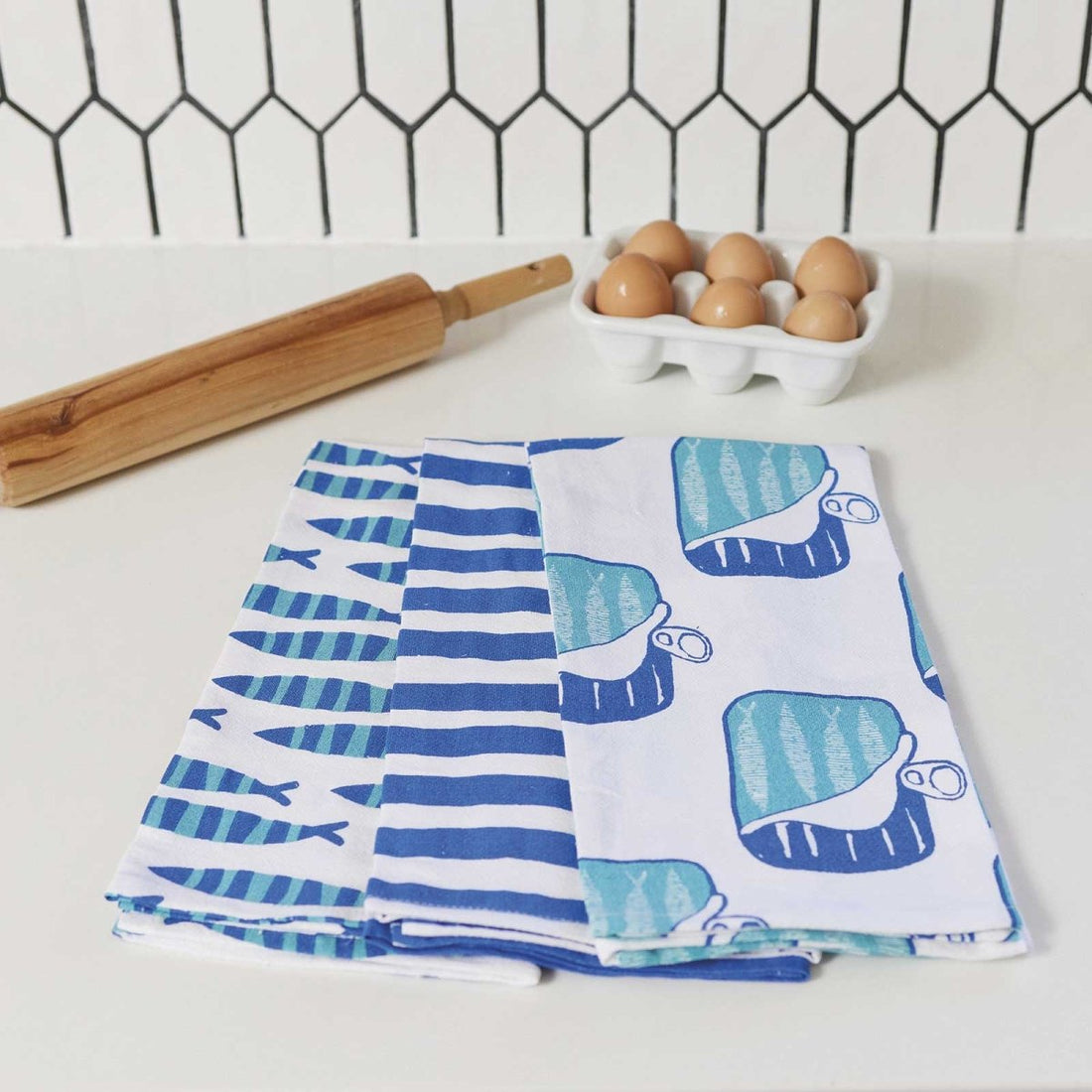 Sardines Cotton Kitchen Towel Set Of 3 Cotton Kitchen Towel - rockflowerpaper