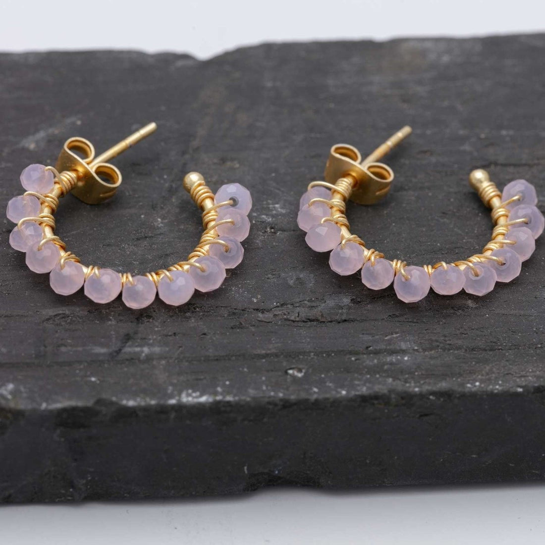 Small Hoop Earrings With Rose Quartz Beads 18K Gold Plated Earring - rockflowerpaper