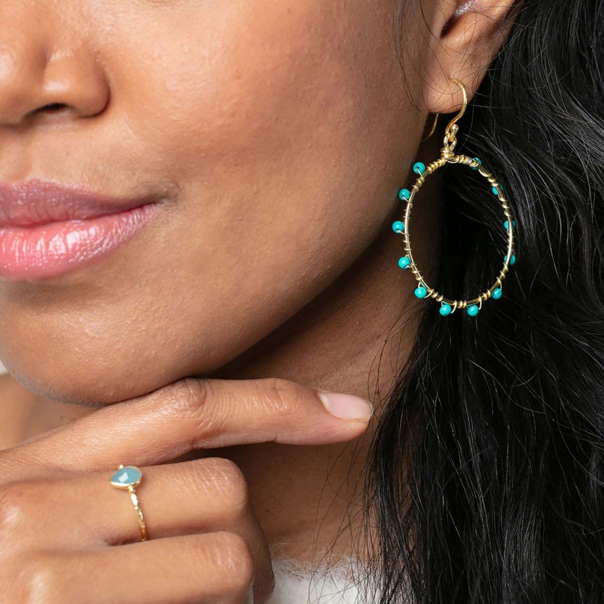 Turquoise Beaded Dangle Hoop Earrings Gold Plated Earring - rockflowerpaper