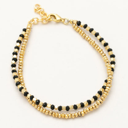 Two Line 18K Gold Plated Beaded Bracelet With Black And Gold Combo Line And Gold Line Bracelet - rockflowerpaper