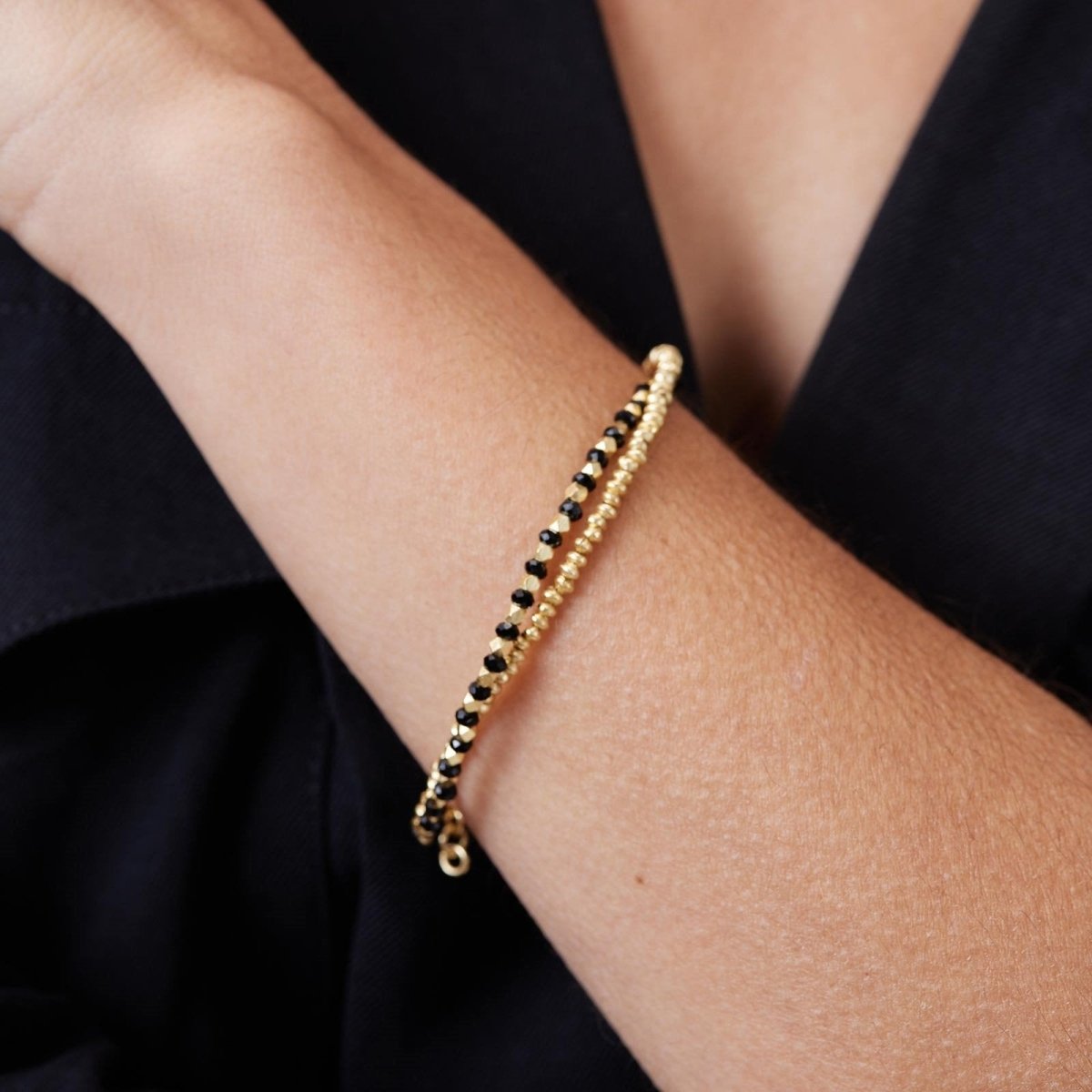 Two Line 18K Gold Plated Beaded Bracelet With Black And Gold Combo Line And Gold Line Bracelet - rockflowerpaper