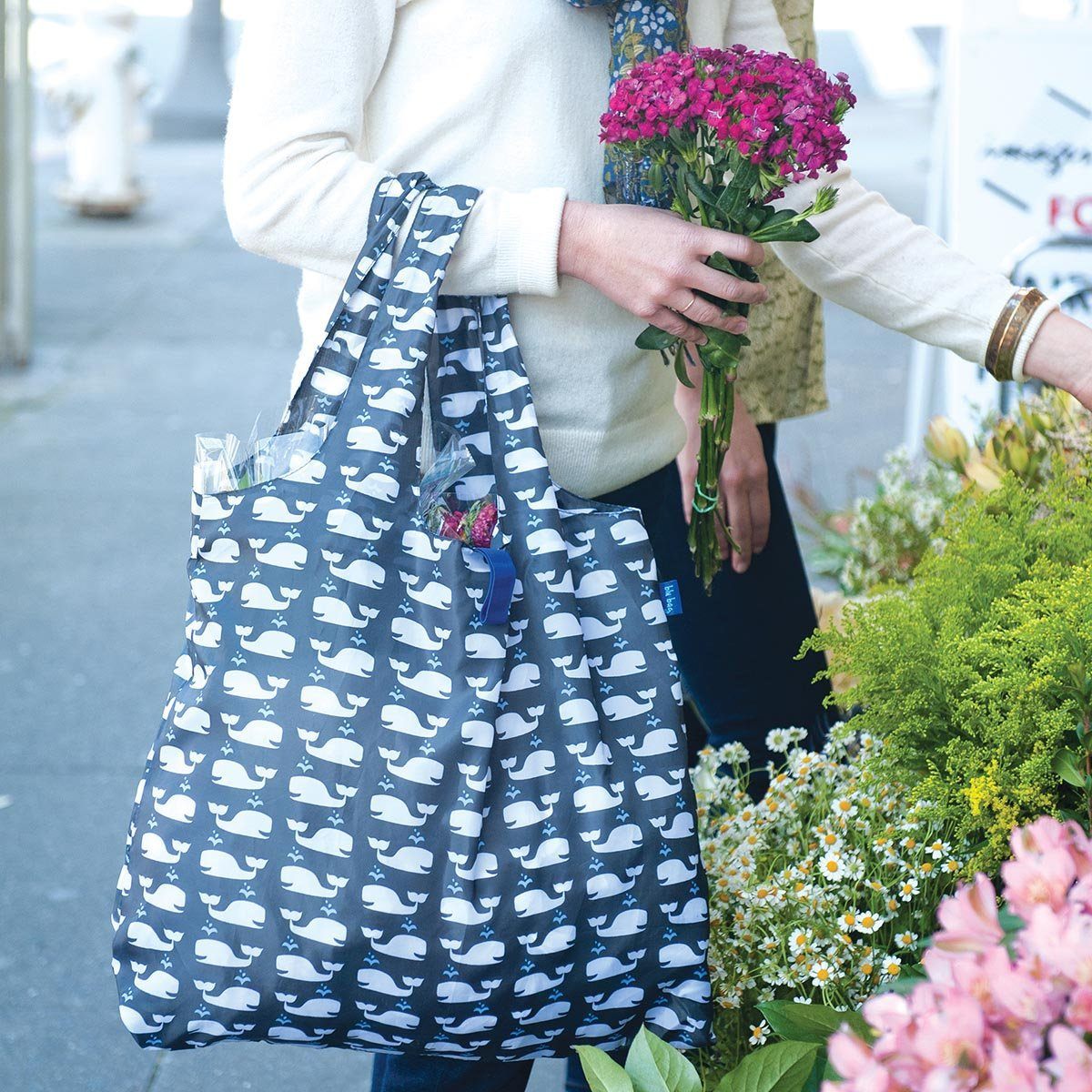 Whales Grey Blu Bag Reusable Shopping Bag= - Machine Washable Reusable Shopping Bag - rockflowerpaper