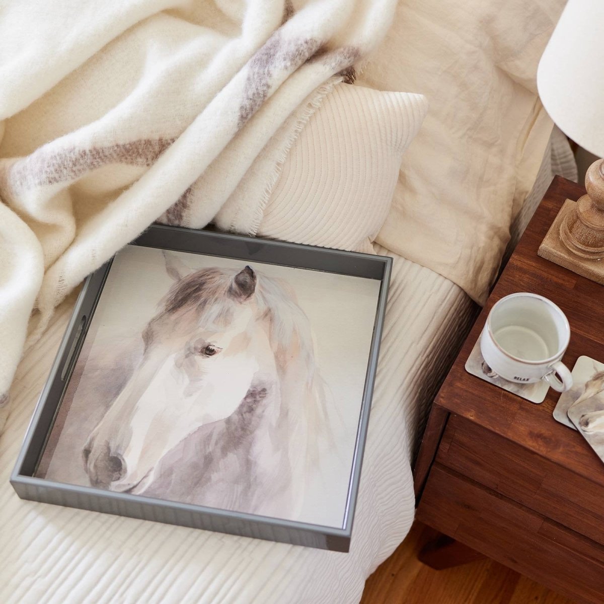 White Horse 15 Inch Square Lacquer Art Serving Tray Tray - rockflowerpaper